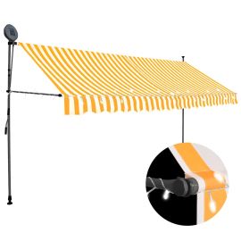 Ръчно прибиращ се сенник с LED, 350 см, бяло и оранжево