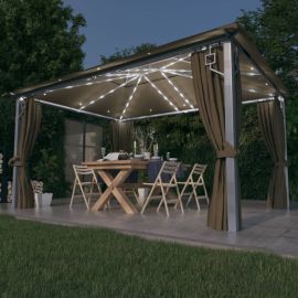 Шатра със завеси и LED светещи стрингове 4x3 м таупе алуминий