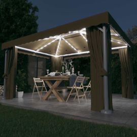 Шатра със завеси и LED светещи стрингове, 4x3 м, таупе
